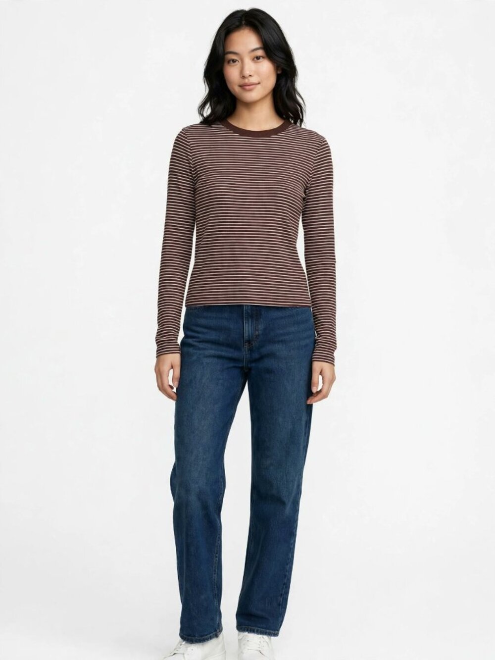 Brown White Striped Ribbed Long Sleeve Top Crew Neck — M
